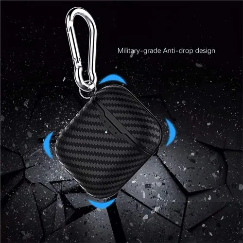 Miniatura 8 de Compatible con auriculares Airpods 1 y 2, fibra de carbono fresco grano militar anti-caída flexible TPU protector antidedos con llavero negro