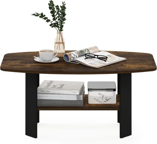 Miniatura 4 de Furinno Simple Coffee Table, 2-Tier Small Coffee Table wih Open Shelf, Side Table, Tabletop with Soft Edges, for Living Room, Home Office, Amber Oak