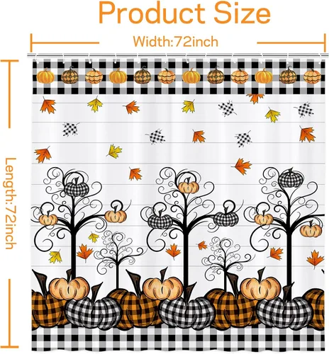 Miniatura 6 de GOOESING Cortinas de ducha de calabaza a cuadros otoñales, calabazas de otoño, hojas de arce, cortina de baño impermeable para baño, juego