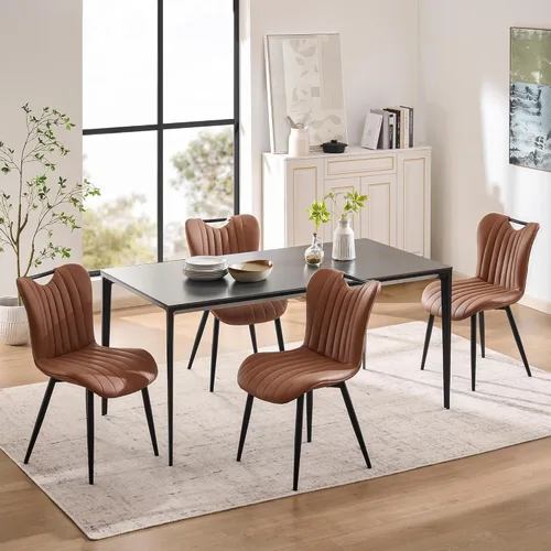 Miniatura 11 de Juego de 2 sillas de comedor tapizadas de cuero, modernas sillas de comedor de cocina de mediados de siglo con patas de metal negro, sillas