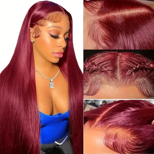 Miniatura 13 de ULRICA 99J - Pelucas de encaje frontal burdeos de 20 pulgadas, pelucas de cabello humano para mujeres negras 13x4, encaje HD burdeos, peluca de Rojo