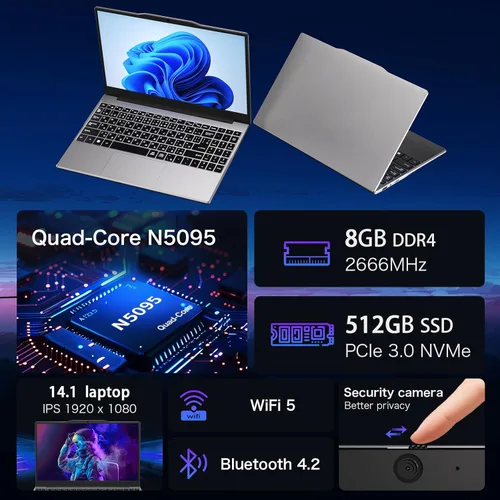 Miniatura 2 de Auusda Laptop para Estudiantes, Laptop de 14.1" FHD para Negocios y Estudio, 4-Core 2.9GHz N5095, 8GB RAM 512GB SSD, Teclado Numérico, HDMI