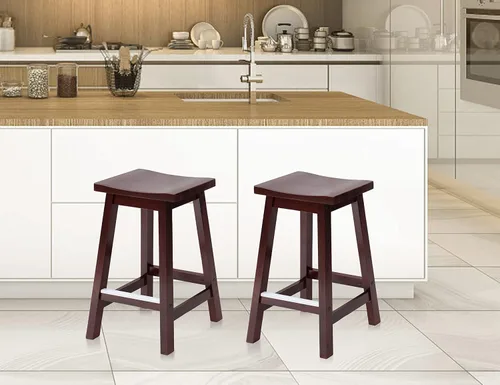 Miniatura 10 de Juego de 2 taburetes de bar de madera maciza con placas de pie de metal, taburetes modernos sin espalda de 24 pulgadas de altura para encimera