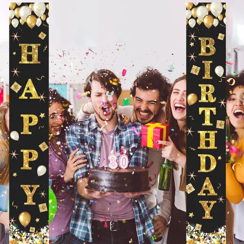 Miniatura 6 de Cartel de feliz cumpleaños negro y dorado, cartel de feliz cumpleaños, cartel de puerta de porche, letrero colgante de pared para exteriores e