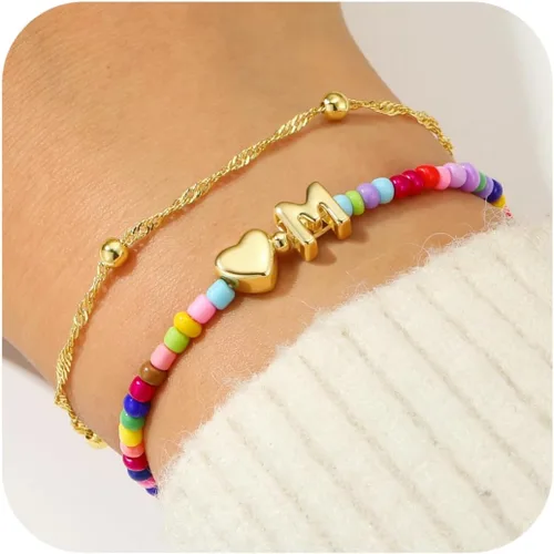 Ursteel Coloridas pulseras de corazón con inicial para mujer, chapado en oro de 14 quilates, pulsera de letras A-Z, pulseras con iniciales elásticas