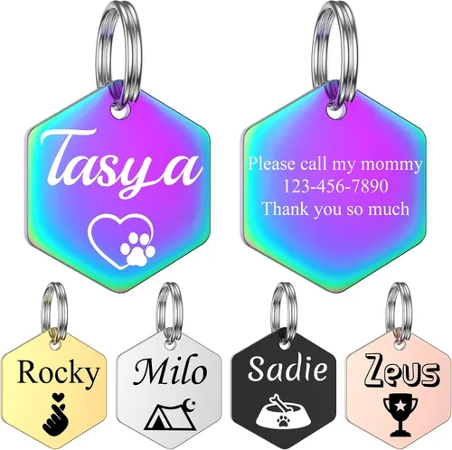 Miniatura 14 de GISUREY - Etiquetas de perro grabadas para mascotas, de acero inoxidable, etiquetas personalizadas de nombre de perro y gato, etiquetas de Hueso