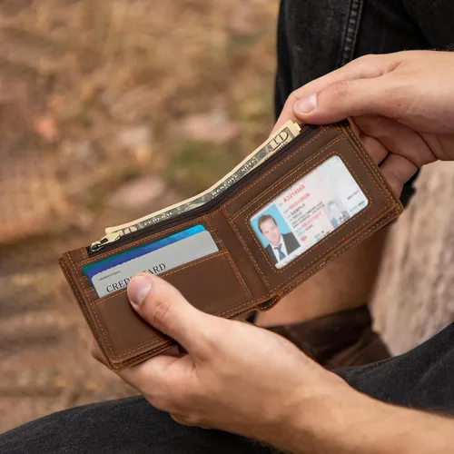 Miniatura 27 de Polare - Cartera plegable de piel de caballo loco natural para hombre, con bloqueo RFID