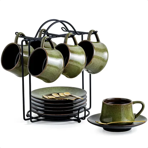 Miniatura 11 de YHOSSEUN Juego de 6 Tazas de Café Espresso de Cerámica, Tazas de Shots de Espresso de 4 Oz con Soporte, Platillos y Cucharas, Tazas Pequeñas de Café