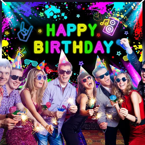Miniatura 5 de Cartel de cumpleaños neón de 6 x 3.6 pies que brilla en la oscuridad, decoraciones de neón para fiesta de cumpleaños, fondo de fotografía