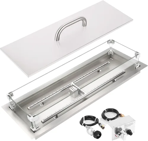 Miniatura 8 de GRISUN Inserto para hoguera de 18 x 18 pulgadas, bandeja cuadrada de quemador de gas con protector de viento de vidrio y tapa de acero inoxidable