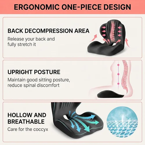 Miniatura 5 de Cojín ergonómico lumbar y de apoyo de asiento, cojín de espuma viscoelástica 2 en 1 con diseño hueco de coxis para silla de oficina, asiento