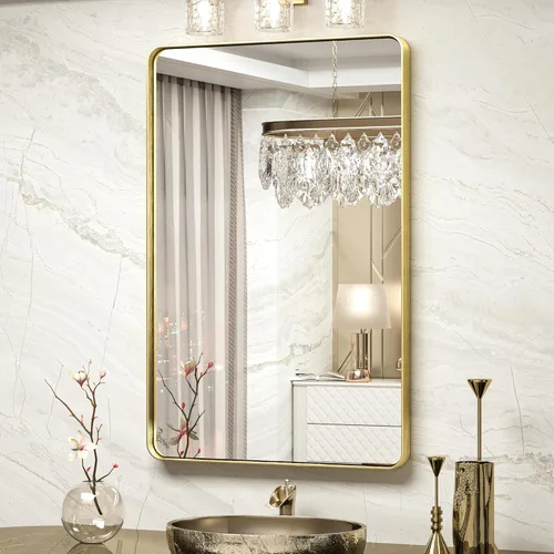 Miniatura 65 de TokeShimi Espejo redondo dorado de 36 pulgadas, espejo redondo de baño para pared con aleación de aluminio antioxidante, marco de metal dorado Oro