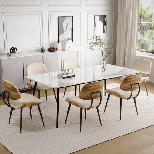 Miniatura 9 de Juego de 2 sillas de comedor modernas de mediados de siglo, sillas de cocina sin brazos de piel sintética con respaldo de madera curvada de nogal