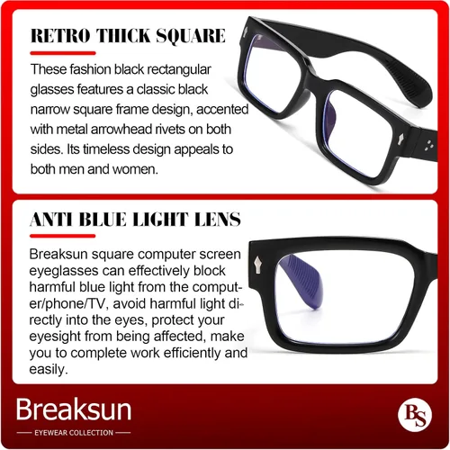 Miniatura 6 de Breaksun Lentes rectangulares para hombres y mujeres, anteojos cuadrados de luz azul, montura gruesa, lentes negros