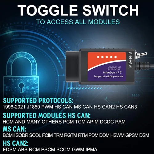 Miniatura 5 de Adaptador USB ELM327 OBD2 Escáner para Windows, herramienta de escaneo de diagnóstico ELMconfig FoCCCus con interruptor MS-Can/HS-Can para vehículos