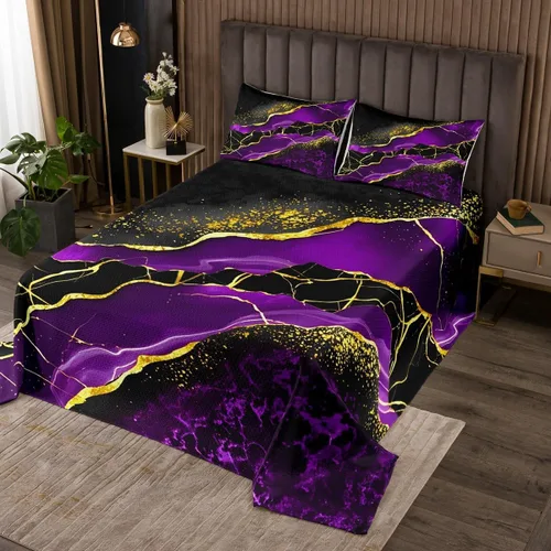Miniatura 18 de Erosebridal Juego de edredón de mármol amarillo, tamaño King, juego de colcha dorada para hombres, juego de colcha abstracta de mármol metálico