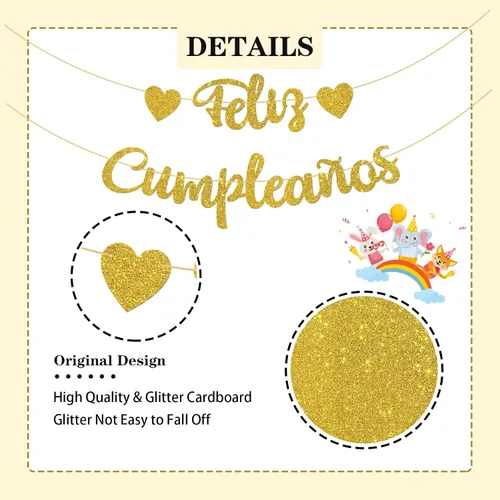 Miniatura 3 de WeBenison Cartel de Feliz Cumpleaños con temática de fiesta de feliz cumpleaños/decoraciones de fiesta de cumpleaños en español, purpurina dorada