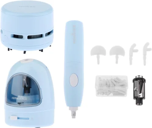 Menolana Lápiz eléctrico, borradores electrónicos, mini escritorio, juego de aspiradora mecánica para niños, papelería, suministros de oficina, azul