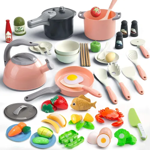 Miniatura 16 de Bruvoalon Juego de 32 juguetes de cocina para niños, accesorios de cocina con ollas, sartenes, utensilios de cocina, alimentos, verduras enlatadas