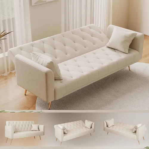 Miniatura 4 de Anwick - Sofá cama futón de terciopelo moderno con 2 almohadas, sofá cama convertible 2 en 1, sofá biplaza reclinable plegable con patas de metal