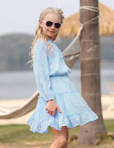Miniatura 5 de DONWEN Vestido de punto suizo para niña, manga larga, vestido de gasa fluido, vestido de primavera y verano, con lazo frontal, vestidos casuales