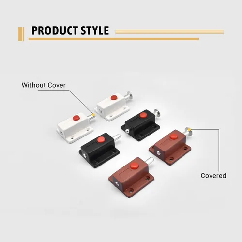 Miniatura 3 de MroMax 5 piezas de cerrojo de puerta con resorte, cierre deslizante de plástico negro con botón de interruptor para puerta, gabinete, accesorios