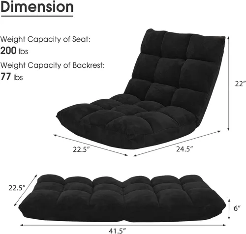 Miniatura 3 de Silla de suelo ajustable de 14 posiciones, silla acolchada para juegos, sofá plegable transformable, sofá perezoso de respaldo alto, ideal para Negro