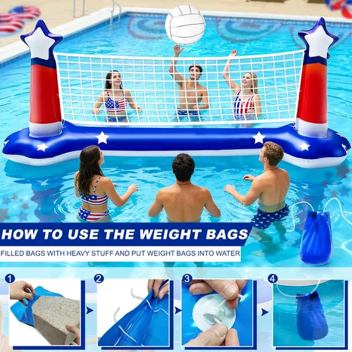 Miniatura 7 de Grandes juegos inflables de piscina, red de voleibol y aro de baloncesto con 2 pelotas de playa, bandera estadounidense, juguetes de agua