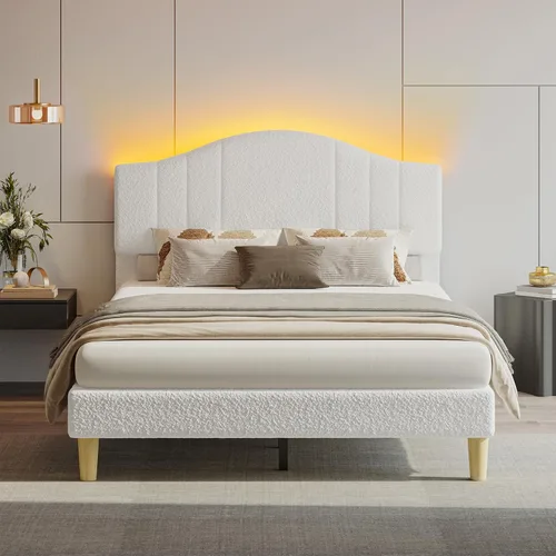 Miniatura 7 de Pinmoco Base de cama tamaño King con cabecero y estribo, cama de plataforma de metal resistente con espacio de almacenamiento debajo de la cama