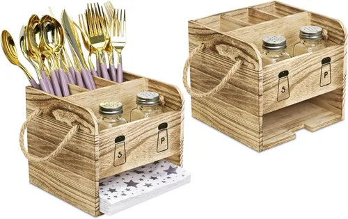 Miniatura 8 de Ikee Design Organizador de utensilios de madera, organizador de cubiertos con 5 ranuras, cuenta con asas e incluye salero y pimentero, ideal