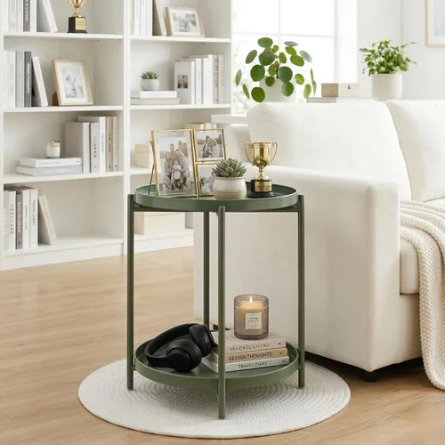 Miniatura 6 de TeoKJ Mesa auxiliar de 2 niveles verde, mesa auxiliar plegable redonda de metal, pequeña mesita de noche con dos bandejas extraíbles