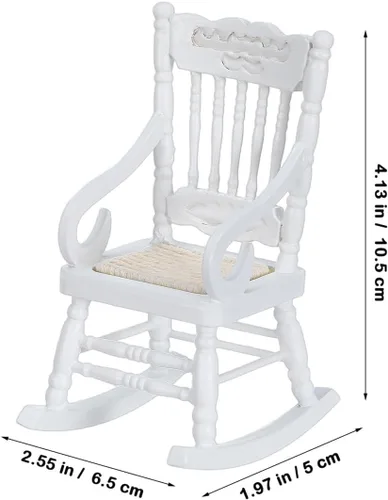 Miniatura 5 de SOIMISS Mecedora de madera blanca en miniatura, asiento de cuerda de cáñamo, escala 1:12, accesorios para muebles de casa de muñecas, decoración