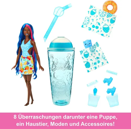 Miniatura 3 de Barbie Muñeca Pop Reveal y accesorios, aroma a ponche de fruta con cabello azul, 8 sorpresas incluyen slime, cambio de color y cachorro