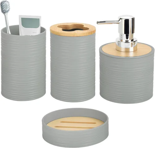 Miniatura 8 de Juego de accesorios de baño de bambú de 4 piezas, juego de accesorios de baño con dispensador de jabón y soporte para cepillos de dientes, jabonera
