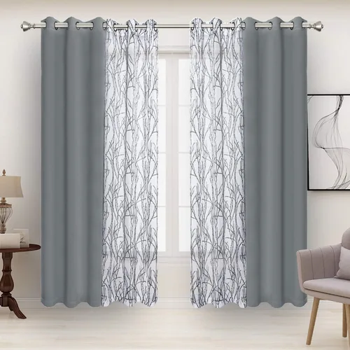 Miniatura 12 de BONZER Cortinas para Mezclar y Combinar - 2 Piezas de Cortinas Transparentes con Estampado de Ramas y 2 Piezas de Cortinas Opacas para Dormitorio