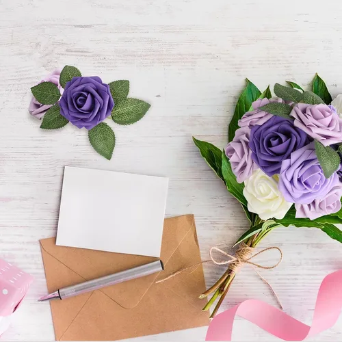 Miniatura 6 de AmyHomie Serie de flores artificiales, 25 rosas falsas de aspecto real con tallo para ramos de boda, centros de mesa, arreglos de fiesta, baby