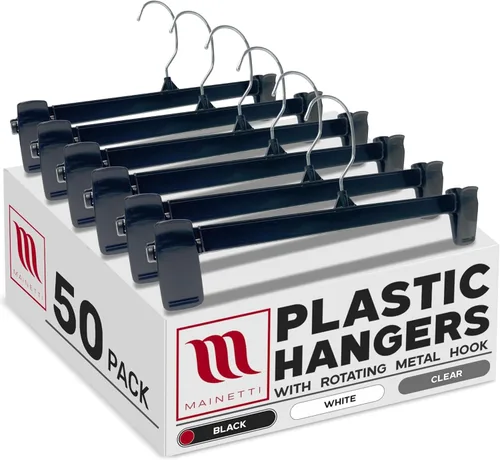 Mainetti 6012 - Perchas de plástico negro reciclado con colgador giratorio de metal y plástico resistente, ideal para pantalones, faldas, pantalones