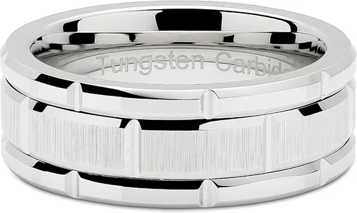 Miniatura 4 de 100S JEWELRY Anillos de tungsteno para hombres, alianza de boda con patrón de ladrillo de oro blanco, chapado en rodio, talla 6-16, Metal