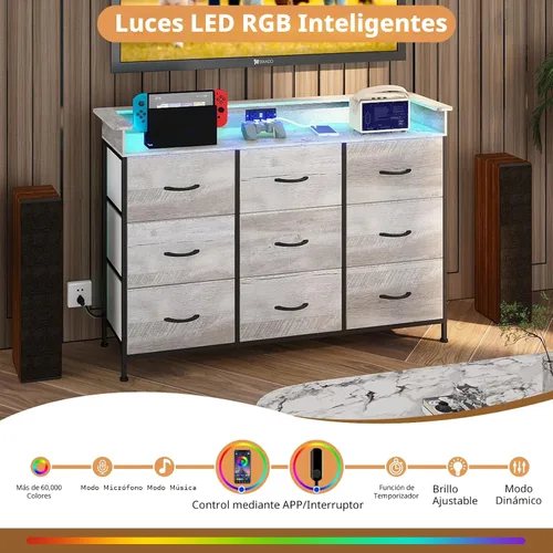 Miniatura 4 de EXOTICA Cómoda con estación de carga, 9 cajones para dormitorio con luces LED, cómoda de tela alta y ancha para armario, pasillo, entrada, marco