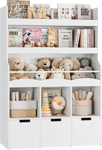 Miniatura 7 de HITHOS Estantería infantil de 55.3 pulgadas de alto con organizador de almacenamiento de juguetes, estante alto para libros con 3 contenedores Blanco