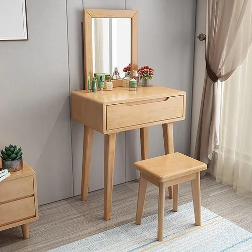 Escritorio de tocador con espejo, juego de mesa de maquillaje con taburete acolchado y cajón, mesa de cosméticos, tocador de maquillaje pequeño para