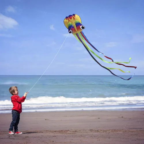 Miniatura 5 de Honbo Cometa de pulpo suave arcoíris para niños y audlts, cometa grande con línea de vuelo de 200 pies, juguete fácil de volar para juegos al aire