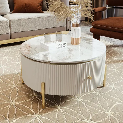 Mesa de café redonda, mesa de café moderna de 31.5" con 2 cajones grandes de almacenamiento, tapa de mesa con patrón de mármol, mesa central de