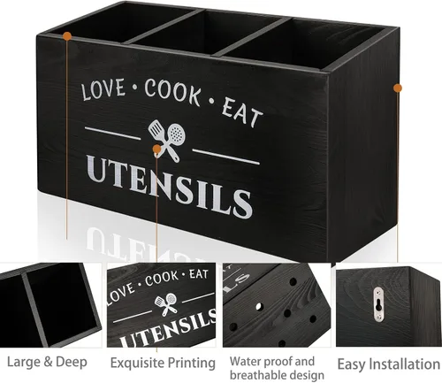 Miniatura 3 de MINCORD Soporte para utensilios de cocina con 3 compartimentos, caja organizadora de almacenamiento de madera rústica, caja organizadora