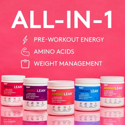 Miniatura 3 de Fórmula para ganar energía y perder peso de RSP AminoLean. BCAA en polvo con ALC, extracto de té verde y cafeína para desarrollar el músculo magro
