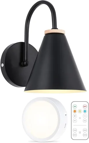 Aplique de pared industrial de madera sintética negra, funciona con pilas, fácil de instalar, sin cables, bombilla LED regulable con control remoto,