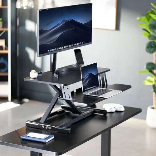Miniatura 3 de VIVO 32 inch Electric Motor Desk Converter, Height Adjustable Riser, Sit to Stand Dual Monitor and Laptop Workstation with Wide Keyboard Tray
