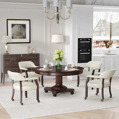 Miniatura 14 de Juego de 8 sillas de cuero de comedor con ruedas y brazos, silla de capitán Accent con ruedas, sillas de madera con ruedas enrollables para cocina