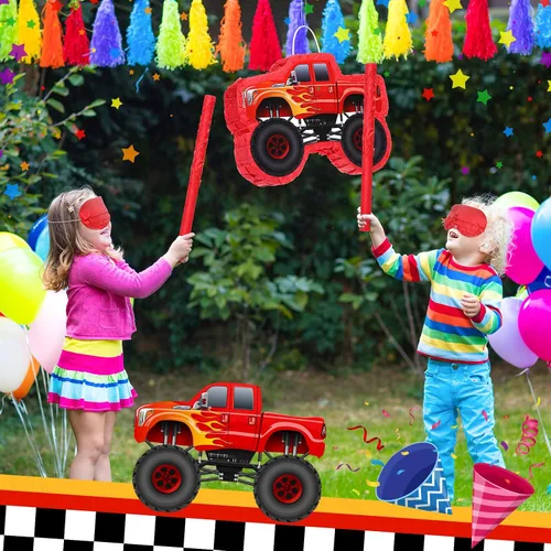 Miniatura 4 de Sratte Piñata de camión para niños, decoraciones de fiesta de cumpleaños, piñata de coche de carreras de monstruos con palo para los ojos vendados