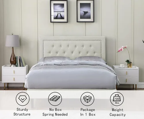 Miniatura 4 de Base de cama de plataforma tapizada tamaño matrimonial con cabecero ajustable de 48 pulgadas de alto, cama de terciopelo de lino con botones